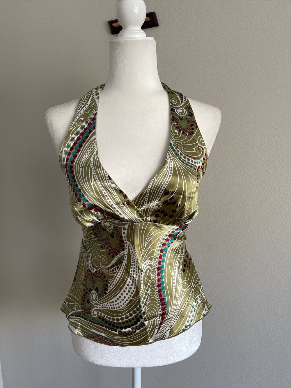 A. Byer Olive Paisley Halter Satin Top with Multicolor Accents